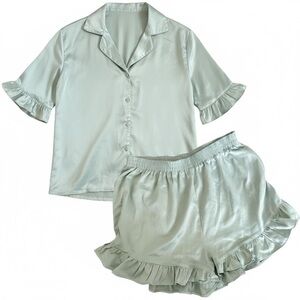 Nasty Gal Mint Green Satin Matching Pajama Set Sz 2 Ruffle Sleepwear Clean Girl